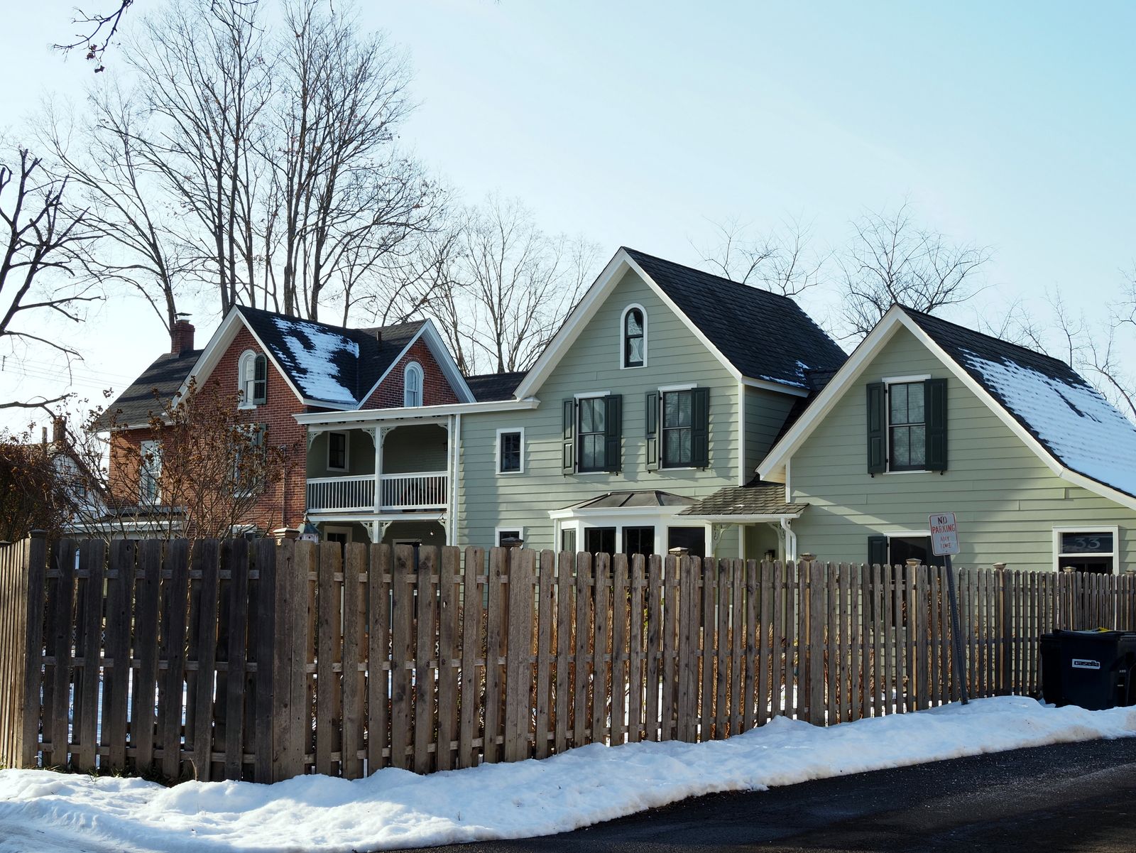 Snow-covered historic Pennsylvania homes after a winter storm